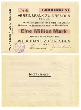 Vereinsbank zu Dresden Eine Million Mark 20. August 1923 Volksbank