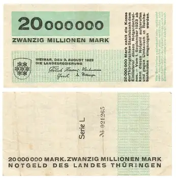 Thüringen Zwanzig Millionen Mark Weimar 9. August 1923 Notgeld