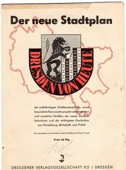 Dresden von Heute der neue Stadtplan um 1948 mit umbenannten und zerstörten Straßen