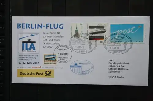 Zeppelin NT; Berlin-Flug zur ILA 2002 mit Luftschiff D-LZZR am 2. Mai 2002; mit Bordsigelmarke und Bordstempel