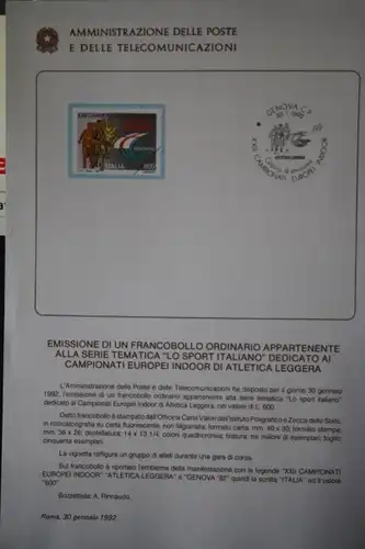 Italien Sport; Europameisterschaft  Genova 1992; CEPT EUROPA-UNION-Symphatieausgabe; Offizielles Bulletin (früher Ministerblatt)