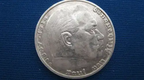 5 Reichsmark RM Hindenburg 1938 D, vz, Silber Silbermünze