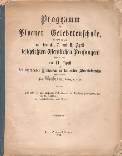 (Bendixen, Jakob Friedrich Marting): Programm der Ploener Gelehrtenschule, wodurch zu den auf den 4., 7. und 9. April festgesetzten öffentlichen Prüfungen und zu den am...