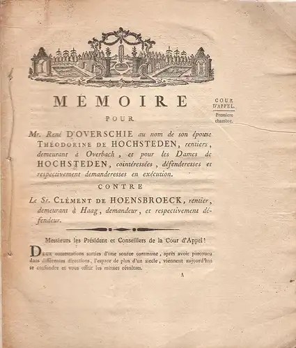 Krey, E: Memoire pour Mr. Rene d' Overschie au nom de son epouse Theodorine de Hochsteden, rentiers, demeurant a Overbach, et pour les dames de Hochsteden, cointeresses, defenderesses et respectivemant demanderesses en execution contre le Sr. Clement de H