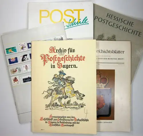 Div. Autoren: Konvolut Post / Postgeschichte / Philatelie:1. Geschichte der Post in Deutschland. 15 S. (2x)2. Postreklame. 56 S.3. Postgeschichtliche Hefte Weser-Ems IV-6. 1975, S. 121-144.4. Tag der Briefmarke. 19 S. 5. Die Post in Hamm im 19. und 2