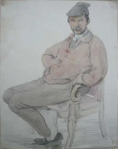 Eichens, Hermann ( 1813 Berlin - 1886 Paris),, Auf einem Stuhl sitzender Mann. Bleistift, aquarelliert