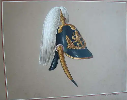 Seekatz, P. C.  (tätig Mitte 19. Jahrhundert),, Pickelhaube mit Paradebusch aus Rosshaar (Hessen-Darmstadt) für Generale. Gouache, Tusche und Deckweiß