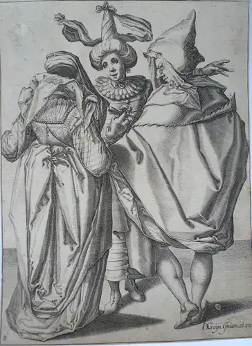 Gheyn, Jacques II De (1565 Antwerpen - 1629),, Ein Pärchen wendet sich an einen jungen Mann. Kupferstich