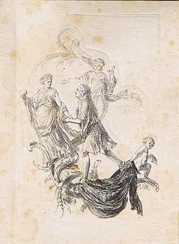 Menzel, Adolph (1815 Breslau - 1905 Berlin),, Auf einer nach links sich emporschwingenden Ranke eilt Jordan über das abgelegte Priestergewand, das ein Putto unter ihm fortzieht, den beiden Musen der schönen Künste und Wissenschaften zu. Holzschnitt