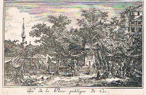 Choiseul-Gouffier, Marie Gabriel Florent Auguste de (1752-1817),, Vue de la Place publique de Cos. Kupferstich aus dem 1. Band der "Voyage Pittoresque de la Grèce" von Francois Decquevauvillier nach einer Zeichnung von Jean-Baptiste Hilair