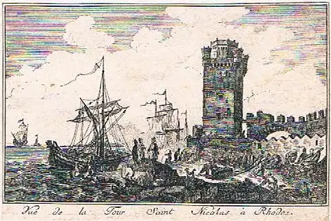 Choiseul-Gouffier, Marie Gabriel Florent Auguste de,, Vue de la tour Saint Nicolas à Rhodes. Kupferstich aus dem 1. Band der "Voyage Pittoresque de la Grèce" von Francois Decquevauvillier nach einer Zeichnung von Jean-Baptiste Hilair