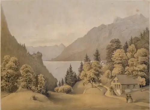 Heyn, Carl,, Der Brienzer See vom Hotel Giessbach aus gesehen. Lithographie mit zwei Tonplatten. Bei J.C. Fritzsche, Leipzig