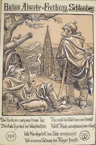 Wolgemuth, Wilhelm (1870 Paris - 1942 Rom),, Figürliche Szene mit Preußischen Soldaten ins Gestalt von Hunden, das Freiburg bewachend. Tuschfeder mit Weiß gehöht