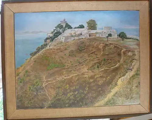 Rodewald, Otto (1891 Schöningen bei Helmstedt - 1960 Hamburg),, Blick auf den Felsen von Karthago mit dem Leuchtturm in Sidi Bou Said (Tunsesien). Öl auf Lwd