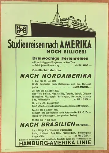 Hamburg - Amerika Linie,, HAPAG - Studienreisen nach Amerika noch billiger! Gedruckt bei H.O.Persiehl, Hamburg