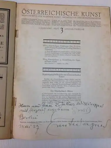 Strobl, Karl (Hrsg.): Österreichische Kunst. Monatshefte für Bildende Kunst, Architektur und Kunsthandwerk. 1. Jahrgang, Heft 3,  Januar - Februar: Ernst Wagner. Mit handschriftlicher Widmung...