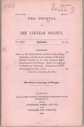 Man, J. G. de: Report on the podophthalmous crustacea of the Mergui Archipelago, collected for the Trustees of the Indian Museum, Calcutta, by Dr. John Anderson, part 3. The Journal of the Linnean Society of London, Zoology, Volume 22,138. 