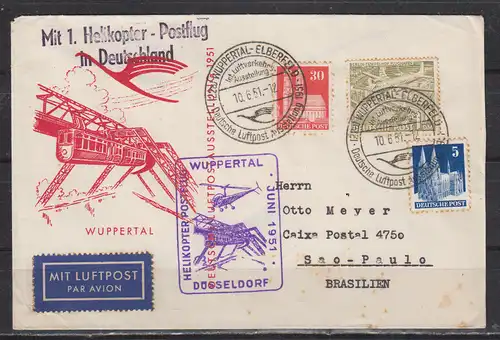 Bundesrep. Deutschland 1951 Nr Bizone 75 88 MiF mit Berlin 57b Brief Bund 1.Helikopter-Postflug