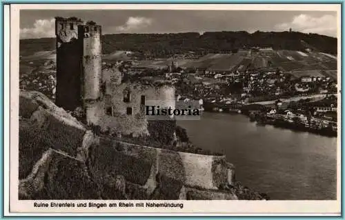 [Ansichtskarte] Ruine Ehrenfels und Bingen am Rhein mit Nahemündung. 
