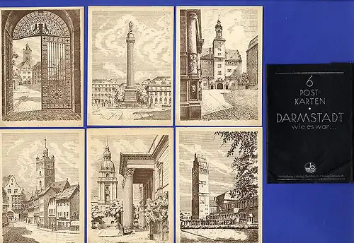 Hessen Darmstadt wie es war 6 Künstler Karten mit Mappe von 1946