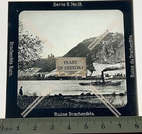 Orig. Glas Dia 1890-1910 am Rhein Dampfer Ruine Drachenfels