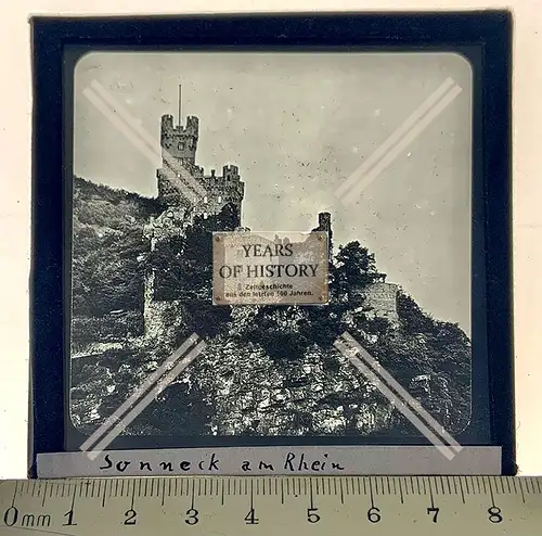 Orig. Glas Dia 1890-1910 Rhein Burg Saneck Sonneck Schloss Hangburg Mainz-Binge