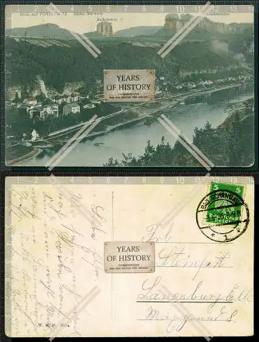 Orig. AK Postelwitz Bad Schandau sächsische Schweiz Luftbild auf Elbe Falkenst