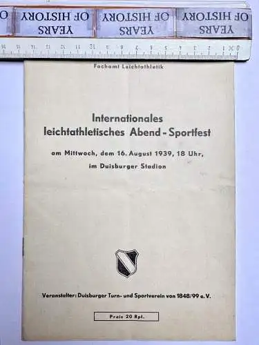 Duisburg Heft Internationales leichtathletisches Abend Sportfest 16. August 1939