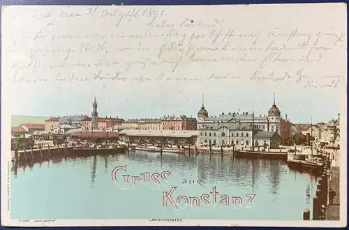 [Lithographie] "Gruss aus Konstanz" Landungssteg, gelaufen mit Poststempel vom 31.08.1897 von Lindau nach Wicklesgreuth b. Ansbach (Ankunftstempel 01.09.1897), Karte ist sehr gut erhalten, saubere Stempel. 