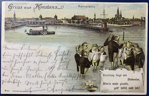 [Lithographie] AK, "Gruss aus Konstanz", gelaufen mit Poststempel vom 16.08.1902 von Konstanz nach Alzey (Ankunftstempel 17.08.1902), Stempel gut lesbar.
Leichter Knick oben rechts, ansonsten gute Erhaltung. 
