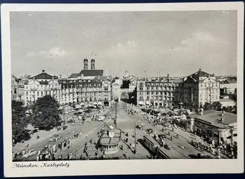 [Echtfotokarte schwarz/weiß] AK, München Karlsplatz (Stachus), frankiert mit 2x Mi.Nr.148 waagerechtes Paar (Mona Lisa) und Mi.Nr. 130 (20 Pfg. Posthorn), ungelaufen (Versand wohl per Brief), entwertet mit zwei verschiedenen Sonderstempeln: 
- 4....