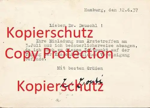 Karte von Dr. Leonardo Conti an Dr. Deuschl , 1937, Hamburg nach Alt Rehse ,mit Autograph , Führerschule der Ärzteschaft