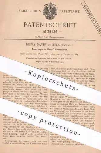 original Patent - Henry Davey , Leeds , England , 1886 , Dampf - Kleinmotor | Dampfmaschine , Motor , Motoren | Kessel