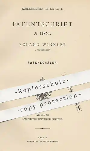 original Patent - Roland Winkler , Troisdorf , 1880 , Rasenschäler | Schar , Schare | Pflug , Landwirtschaft , Rasen !