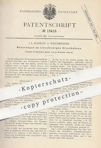 original Patent - J. L. Haddan , Westminster , 1878 , einschienige Eisenbahnen | Eisenbahn , Bahn , Schienen !!