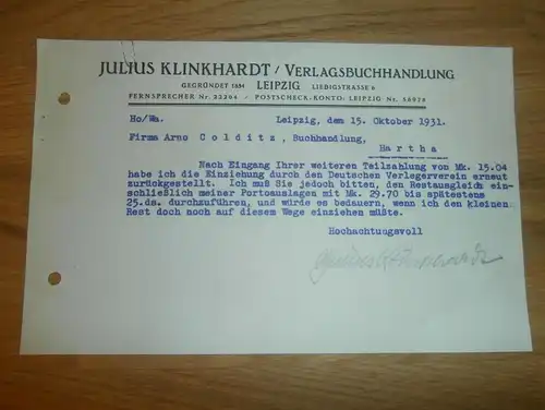 Dokument - Julius Klinkhardt in Leipzig , 1931 , Buchhandlung , Bücherei , Arno Colditz in Hartha i. Sachsen !!!