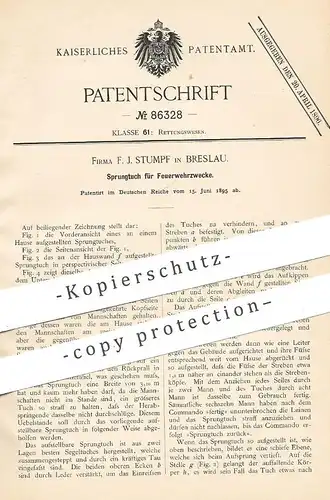 original Patent - F. J. Stumpf , Breslau , 1895 , Sprungtuch für Feuerwehr | Feuerwehrmann , Rettungstuch !!!