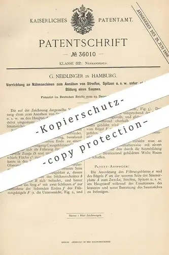 original Patent - G. Neidlinger , Hamburg , 1885 , Nähmaschine zum Annähen | Nähmaschinen , Schneider , Schneiderei !!