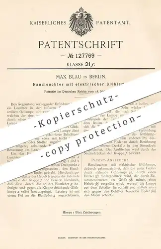 original Patent - Max Blau , Berlin , 1901 , Handleuchter mit elektrischer Glühlampe | Leuchter , Lampe , Laterne !!