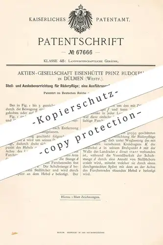 original Patent - AG Eisenhütte Prinz Rudolph , Dülmen , Westfalen / Dortmund , Essen 1892 , Räderpflug | Pflug , Pflüge