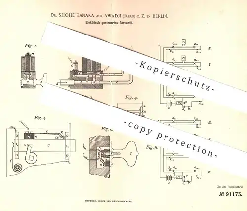 original Patent - Dr. Shohé Tanaka , Awadji , Japan / Berlin , 1896 , Elektrisch gesteuertes Gasventil | Gas - Ventil !