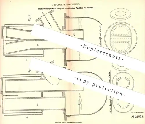 original Patent - C. Pfudel , Magdeburg , 1882 , Druckentlastung per hydraulischem Abschluss für Retorten | Gas , Gase !