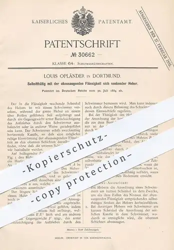 original Patent - Louis Opländer , Dortmund , 1884 , durch Flüssigkeit sich senkender Heber | Zapfanlage , Ausschank !!