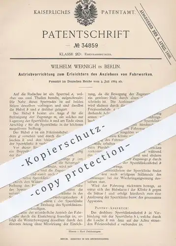 original Patent - Wilhelm Wernigh , Berlin , 1885 , Antrieb für Fuhrwerke | Eisenbahn , Eisenbahnen , Lokomotive !!