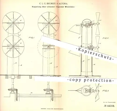 original Patent - C. L. G. Brumleu , Hamburg / Altona , 1888 , Kupplung für mehrere Windräder | Windrad , Windkraft !!!