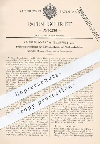 original Patent - Charles Pollak , Frankfurt / Main , 1892 , Stromschlussvorrichtung für elektrische Bahn | Eisenbahn