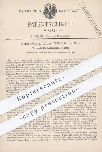 original Patent - Weintraud & Co. , Offenbach / Main , 1885 , Verschluss für Portemonnaie , Brieftasche , Geld - Tasche