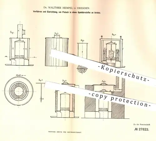 original Patent - Dr. Walther Hempel , Dresden , 1884 , Bratofen für Fleischspieße | Ofen , Herd , Grill , Backofen !!!