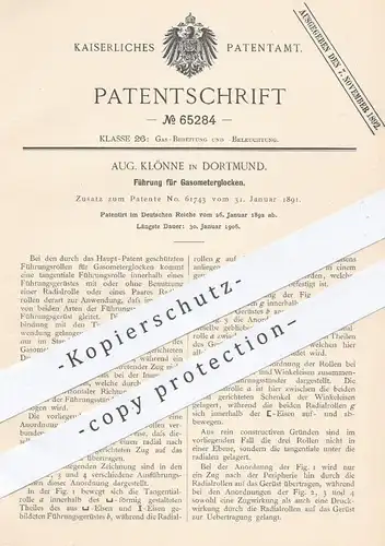 original Patent - Aug. Klönne in Dortmund , 1892 , Führung für Gasometerglocken | Gasometer , Gas , Brenner , Licht !!