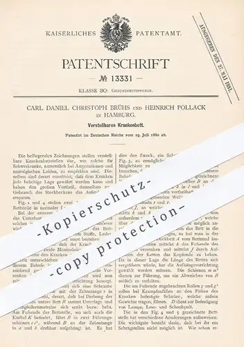 original Patent - Carl Daniel Ch. Brühs / Heinrich Pollack , Hamburg , 1880 , Verstellbares Krankenbett | Bett , Betten